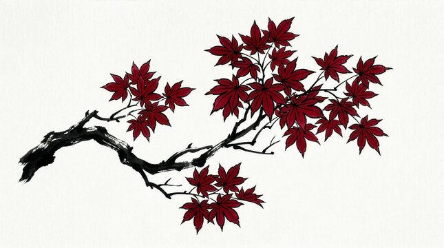 Ink wash illustration of a tree branch with red maple leaves