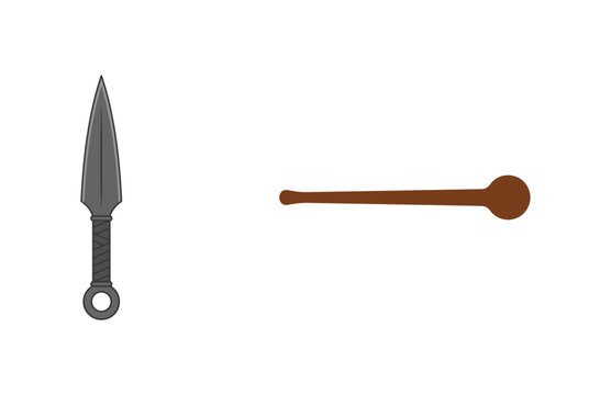 Vector illustration of a traditional Japanese kunai knife and a wooden training weapon on white