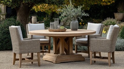 Fototapeta premium Elegant Outdoor Dining Set with Round Wooden Table and Woven Chairs in a Lush Garden Setting.