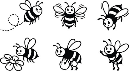 Obraz premium Six cartoon bees with flowers in playful poses and honeycomb shapes