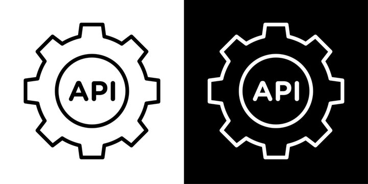 Modern API gear outline icon representing application programming interfaces, software integration, automation, web services, developer tools, and system connectivity for web and mobile interfaces.