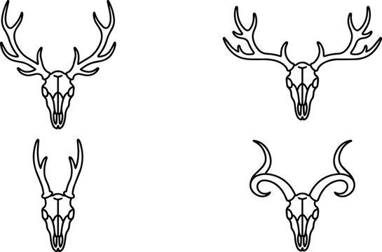 Minimalist deer skull vector icons with various antler styles