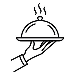 Fototapeta premium Waiter Hand Holding Hot Food Tray Cloche Line Icon Vector Illustration