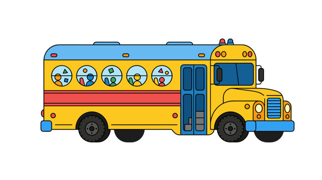 Stylized illustration of a yellow school bus with blue roof and red stripe carrying diverse children inside