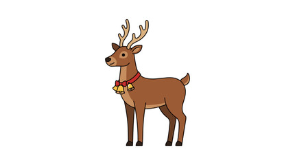Obraz premium Cute cartoon reindeer with antlers wearing a red collar with golden bells on a white background