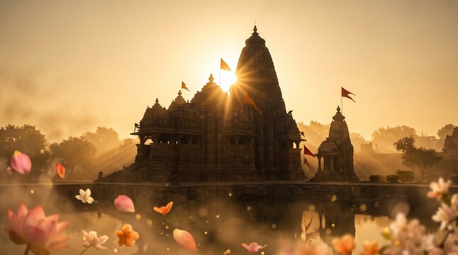 Ancient Indian temple silhouette at sunrise with golden sunburst rays and floating lotus flowers