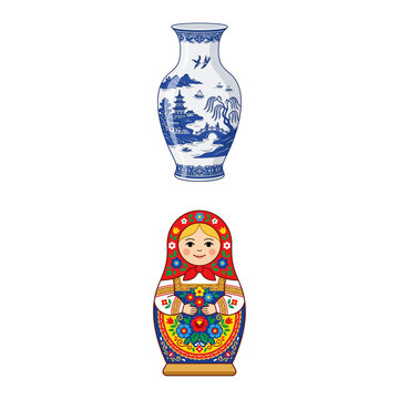 Traditional blue and white porcelain vase and colorful Russian matryoshka nesting doll illustration