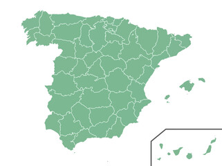 Obraz premium Green Map of Spain with Administrative Provinces and Canary Islands Inset