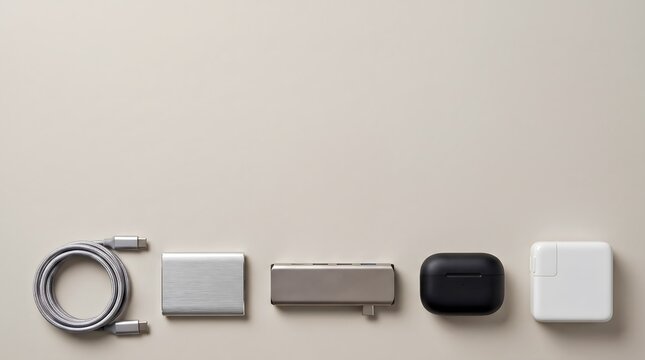USB-C technology accessories flat lay on neutral desk