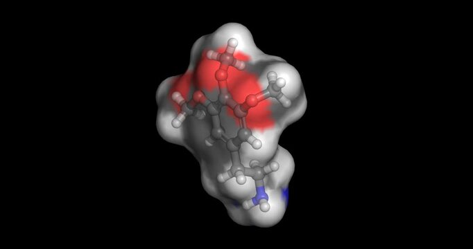 Mescaline, peyote cactus psychedelic  alkaloid, 3D molecule 4K spinning