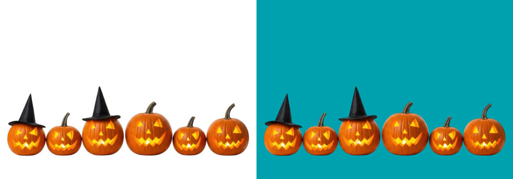 Halloween carved pumpkins with witch hats glowing on
