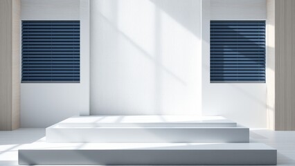 Fototapeta premium Minimalist stage. White platform, bright light, shadows. Clean design, modern aesthetic, presentation space. Empty room, focus on geometry.