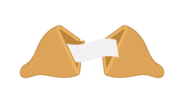 A single fortune cookie broken in half with a blank white paper strip inside on a white background