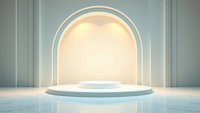 Empty stage. Round pedestal illuminated by archway. Minimalist design, clean lines, dramatic lighting. Perfect for product display.