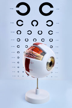 Front view of a human eye anatomical model in front of a Landolt C vision chart. Ophthalmology and visual acuity assessment concept
