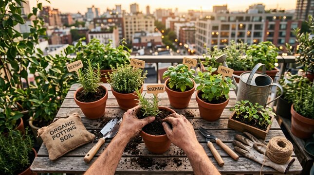 Hands planting rosemary herb in terracotta pot on wooden table, urban rooftop gardening with organic soil and fresh basil mint thyme plants, city lifestyle hobby for home
