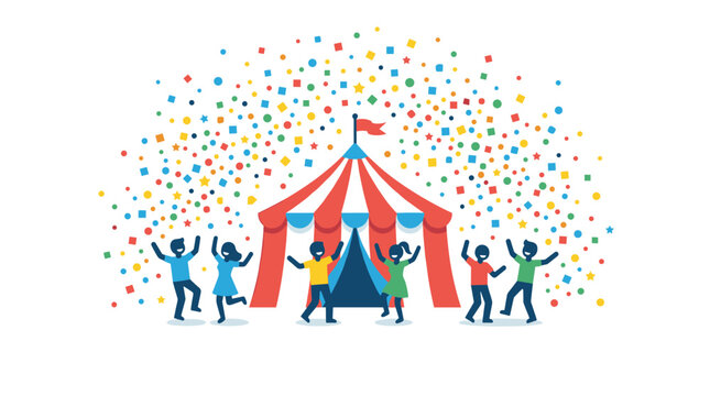 Joyful children celebrating under a circus tent with colorful confetti falling down
