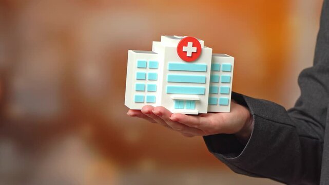 Hospital in the hand of a woman. Patron. Private support for healthcare, sponsorship and social responsibility. Philanthropy, healthcare funding and public private partnership.