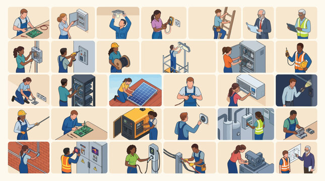 diverse technicians and workers performing electrical and maintenance tasks in industrial and technical environments