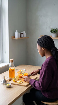 Afro American woman slicing citrus fruit to prepare a homemade cold remedy. Vitamin drink, ginger, natural wellness and autumn immune support concept.