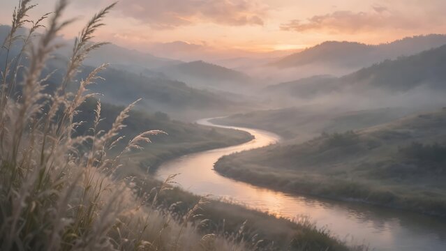Winding river flows through misty mountains at sunrise, bathed in golden light, creating a serene and picturesque natural landscape with delicate foreground grasses