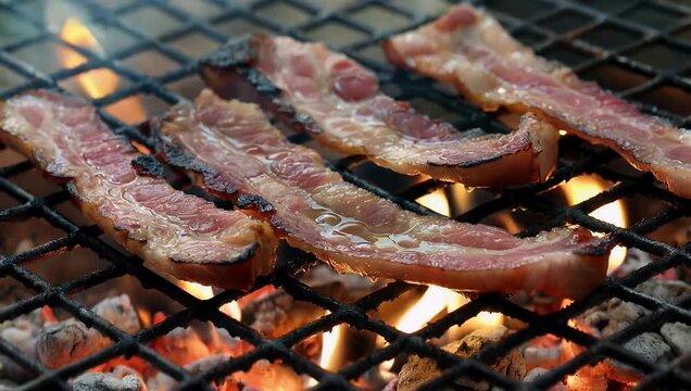 Delectable 4K macro slow motion camera slide capturing strips of cured meat frying over open flames showing rendered juices bubbling and sweet smoke rising perfect for commercial barbecue and
