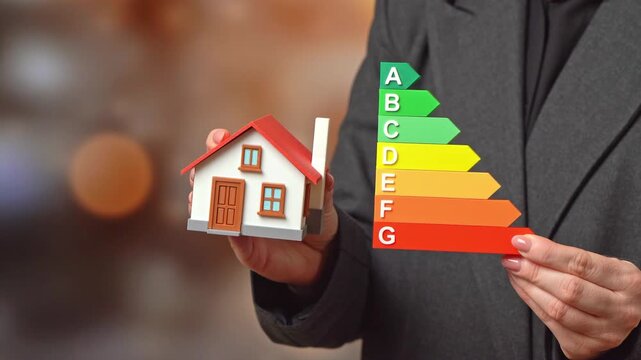 A house and an energy efficiency scale in the hands of a woman. Heat loss and excessive energy consumption. Home energy audit and renovation planning