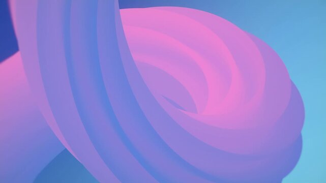 Seamless 3D animation of a smooth rotating spiral ribbon in soft pastel pink, blue, and purple gradients. This hypnotic minimalist loop is an ideal modern background for creative design