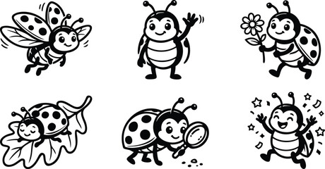 Fototapeta premium Playful bee line art illustrations in black and white with cheerful poses