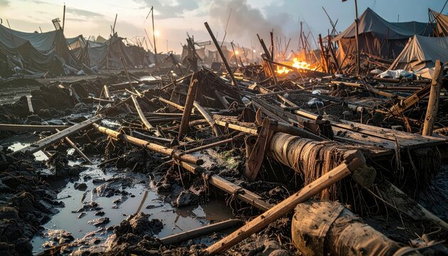 Post-apocalyptic refugee camp scene with destroyed tents, debris, and burning fires at dusk