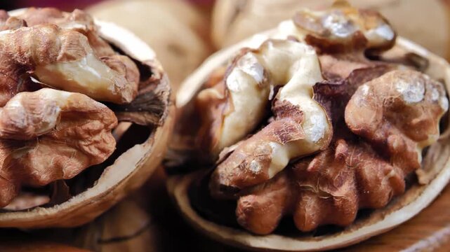 Fresh organic walnuts in a rustic wooden bowl on a wooden table. Healthy natural nuts rich in nutrients, suitable for healthy eating, snacks, and food backgrounds.