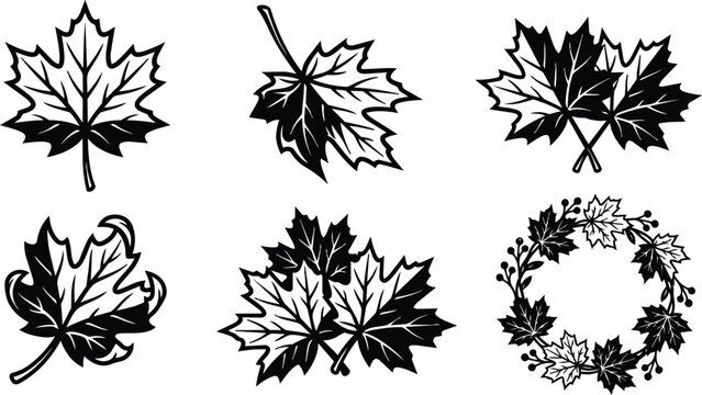 Six black and white maple leaf vector motifs with variations and wreath