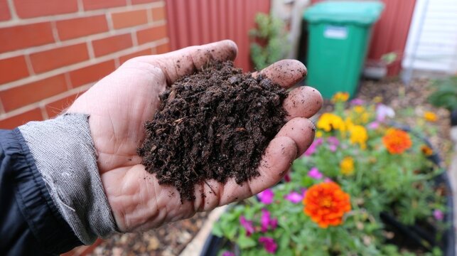 Hand holding rich dark soil in a garden setting with vibrant flowers and brick wall.