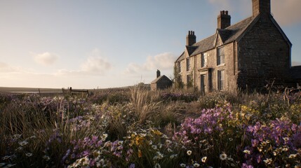 Naklejka premium Historic Stone House with Vibrant Garden and Expansive Landscape at Sunset.
