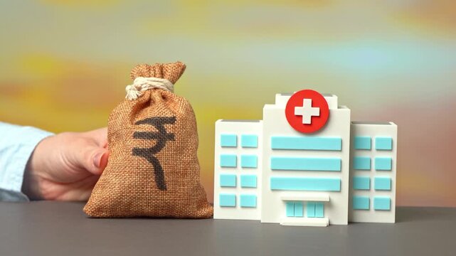 Hospital building and indian rupee money bag. Investments in medicine. Health insurance. Public health financing. Government spending. Access to care. Healthcare reform. Healthcare budget.