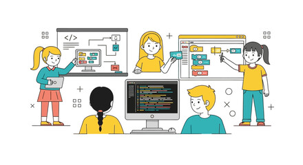 Naklejka premium Children learning computer programming and coding in modern classroom