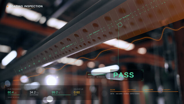 Automated industrial coating inspection system analyzing steel beam surface thickness and quality control data with futuristic digital heads-up display overlay in smart factory manufacturing
