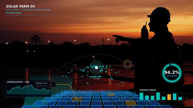 Solar farm engineer technician in silhouette using digital twin AR HUD at sunset. Real-time smart grid monitor, performance data, and solar panel energy production metrics visualization overlay