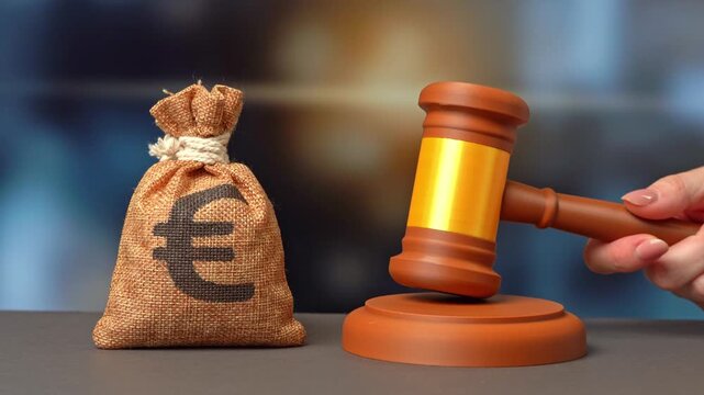 A euro money bag and a judge's gavel. Refunds and tax returns. A court case and verdict, compensation in a court case.
