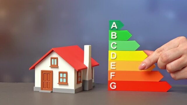 House with a scale of efficiency tires and criteria for achieving the best result. Smart home improvements. Achieving top ratings on efficiency scales. Cost savings and environmental responsibility.