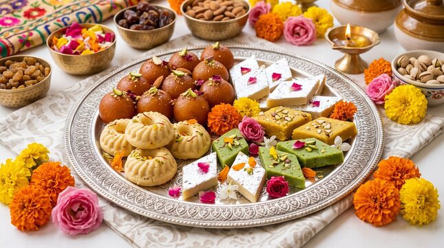 High-Resolution Close-Up of Traditional Ganesh Chaturthi Sweets: Modaks, Laddoos, and Fruits on Silver Plate with Floral Decorations