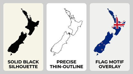 New Zealand map silhouette in three styles: solid black, precise thin-outline, and flag motif overlay © SAI CREATIVE