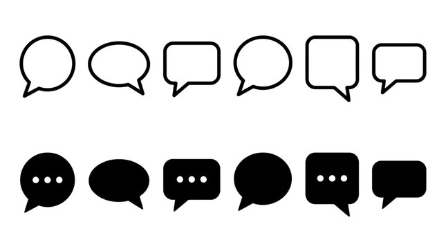 Collection of outline and solid speech bubble icons for chat UI and messaging design, suitable for digital communication interfaces and app interfaces.