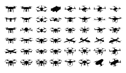 Fototapeta premium Flying Drone Silhouette Vector Collection with UAV Quadcopter Black Icons