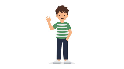 A friendly young boy waving his hand in a casual standing pose illustration. © Ira Project
