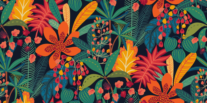 Bright vector seamless pattern with colorful tropical plants and flowers, palm leaves. Cute botanical abstract contemporary endless background.