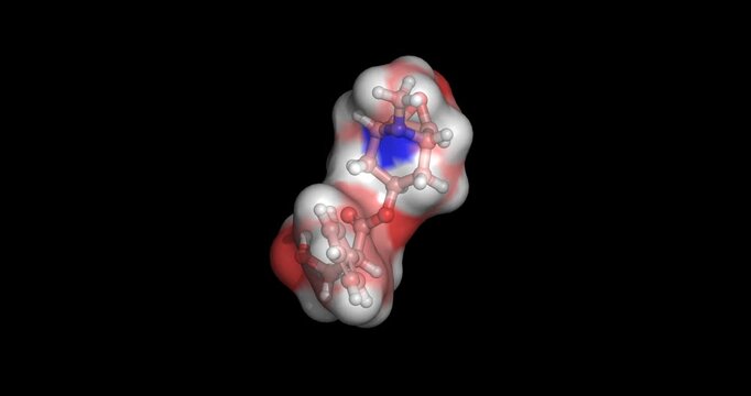 Scopolamine ("devils breath"), motion sickness and post surgery nausea medication, 3D molecule 4K spinning