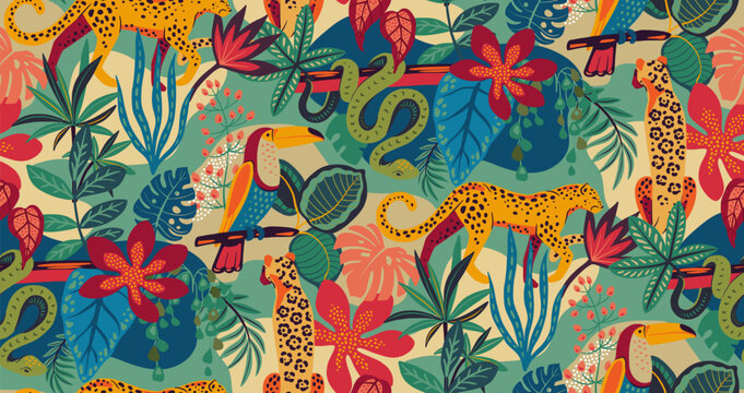 Vector seamless pattern with tropical plants and flowers, wild animals, cheetah, toucan, exotic birds