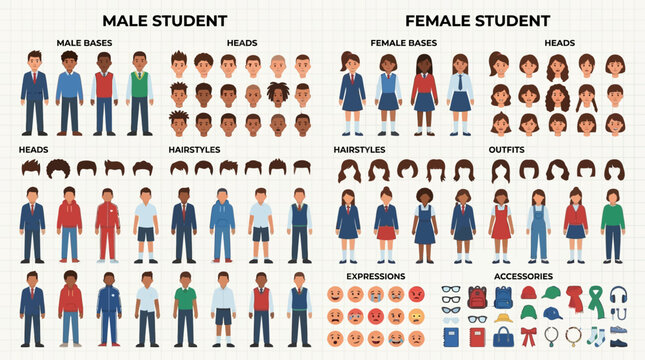Set of male and female student character creator elements for educational design projects.