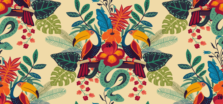 Vector seamless pattern with tropical plants and flowers, wild animals, toucan, exotic birds